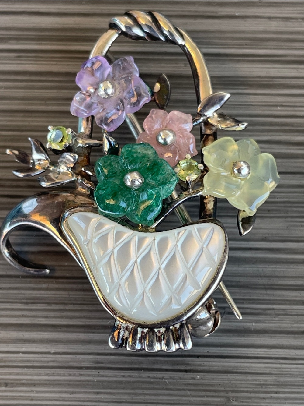 Floral Basket Precious stones Flower Brooch with Mother-of-Pearl Accent